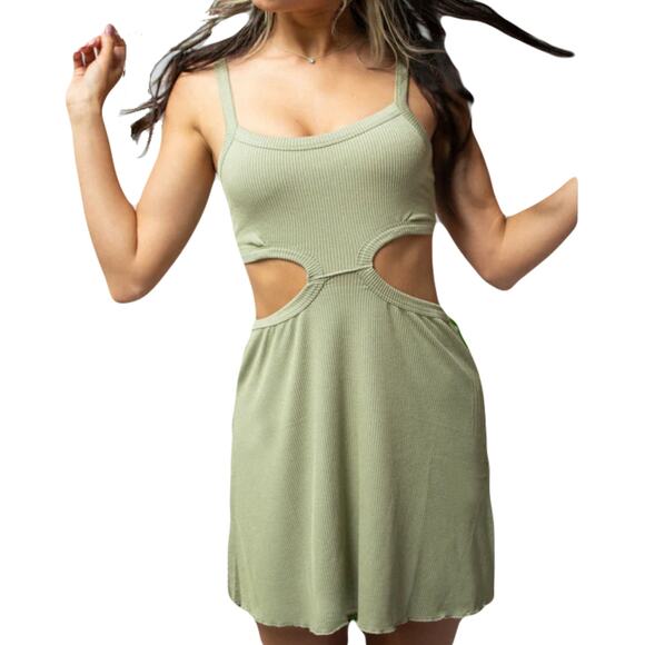 OCEAN DRIVE Dress S Pistachio Cut Out Ribbed Strap Stretch Knee Rayon Spandex